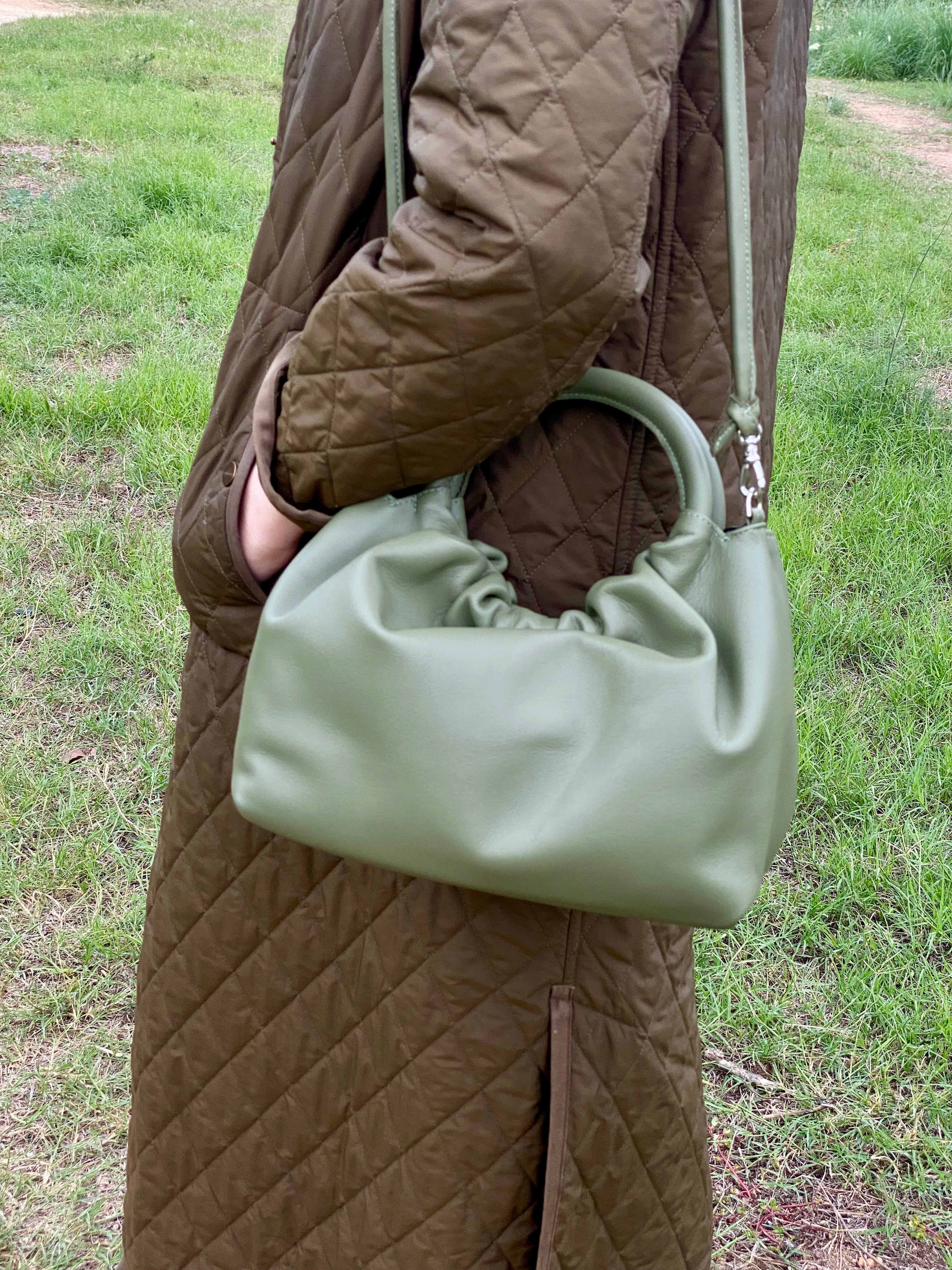 Bolso Fruncido Pequeño Piel Verde Oscuro