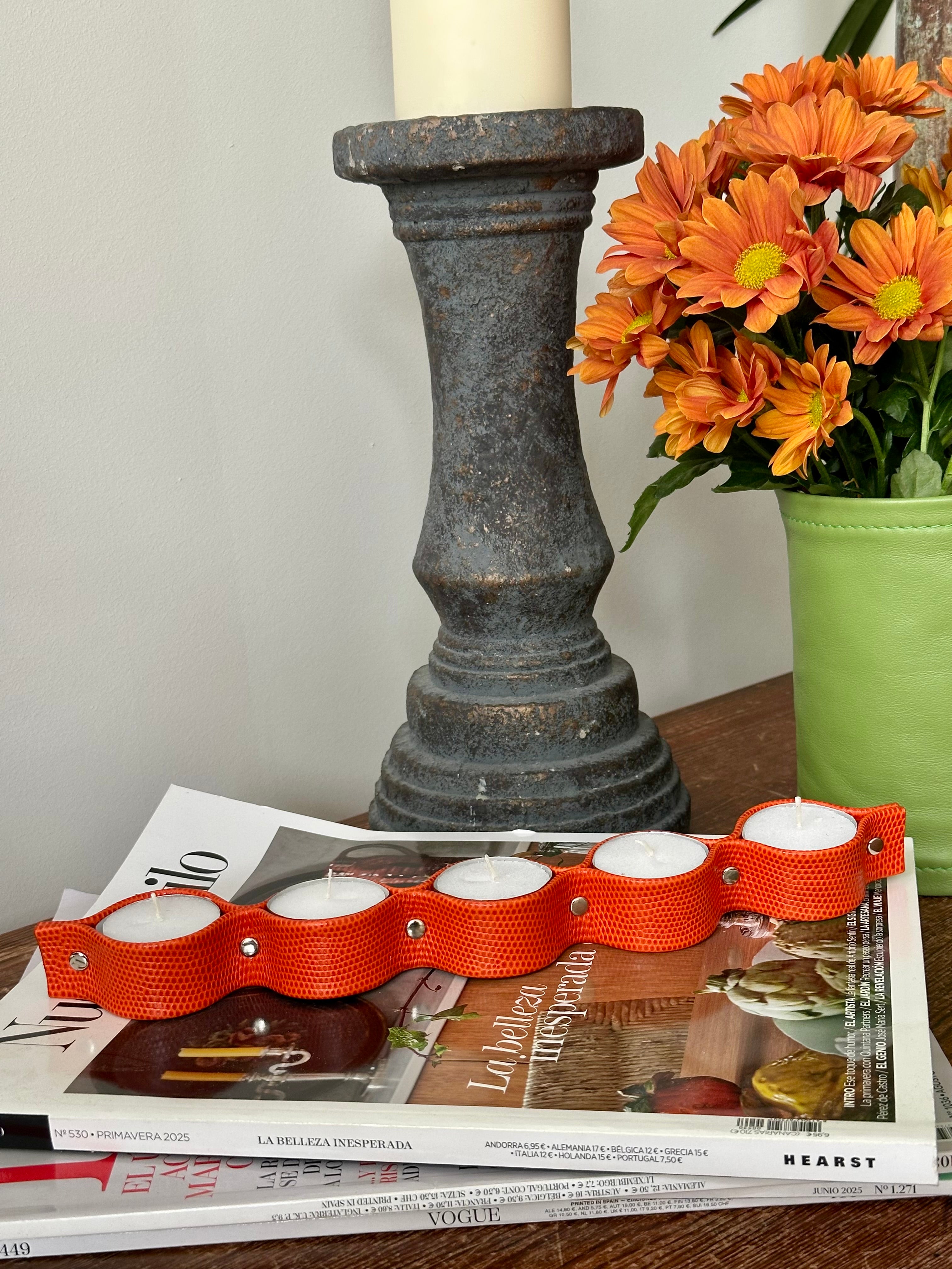 Porta Velas Piel Naranja