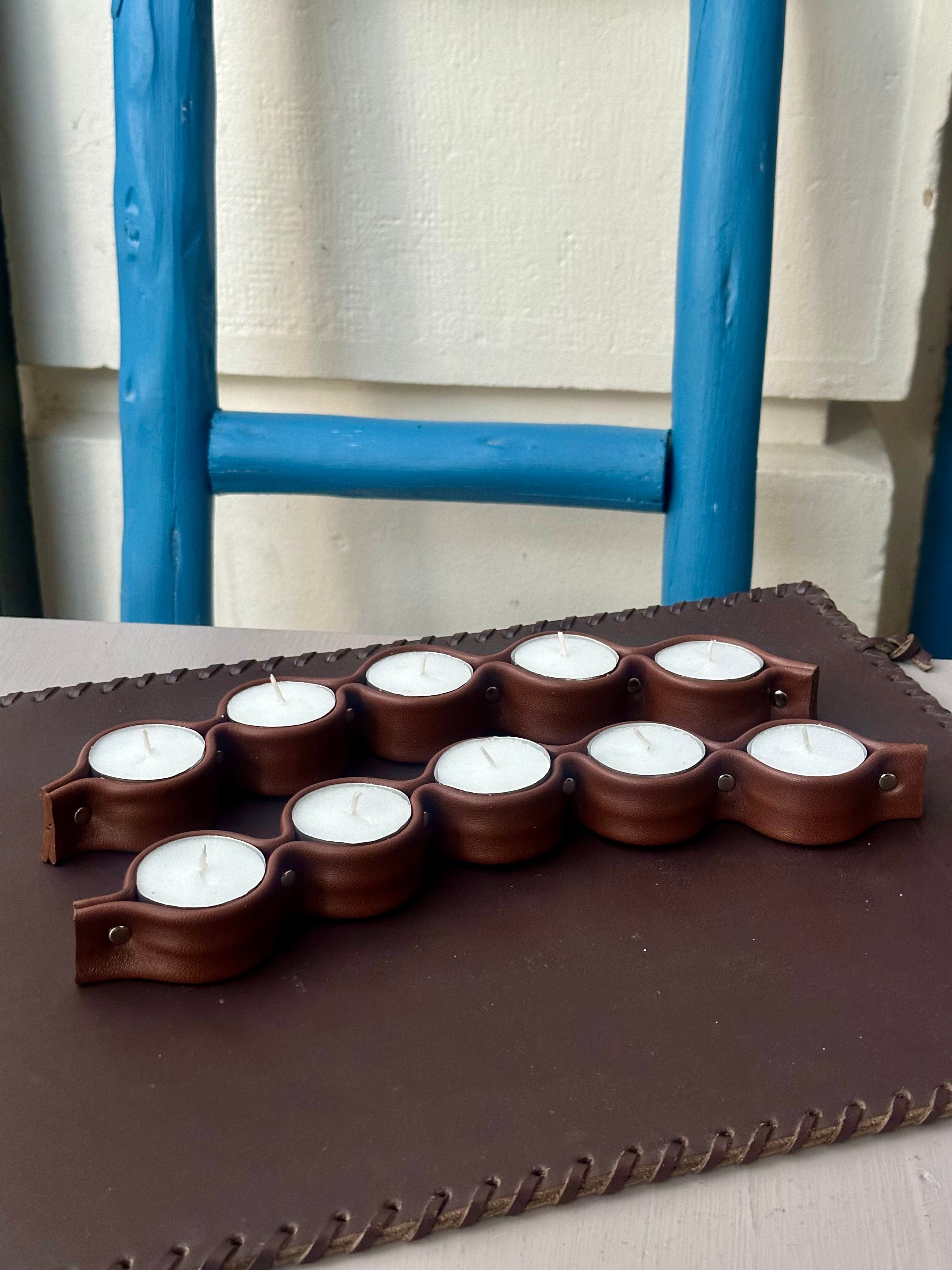 Porta Velas Piel Marrón