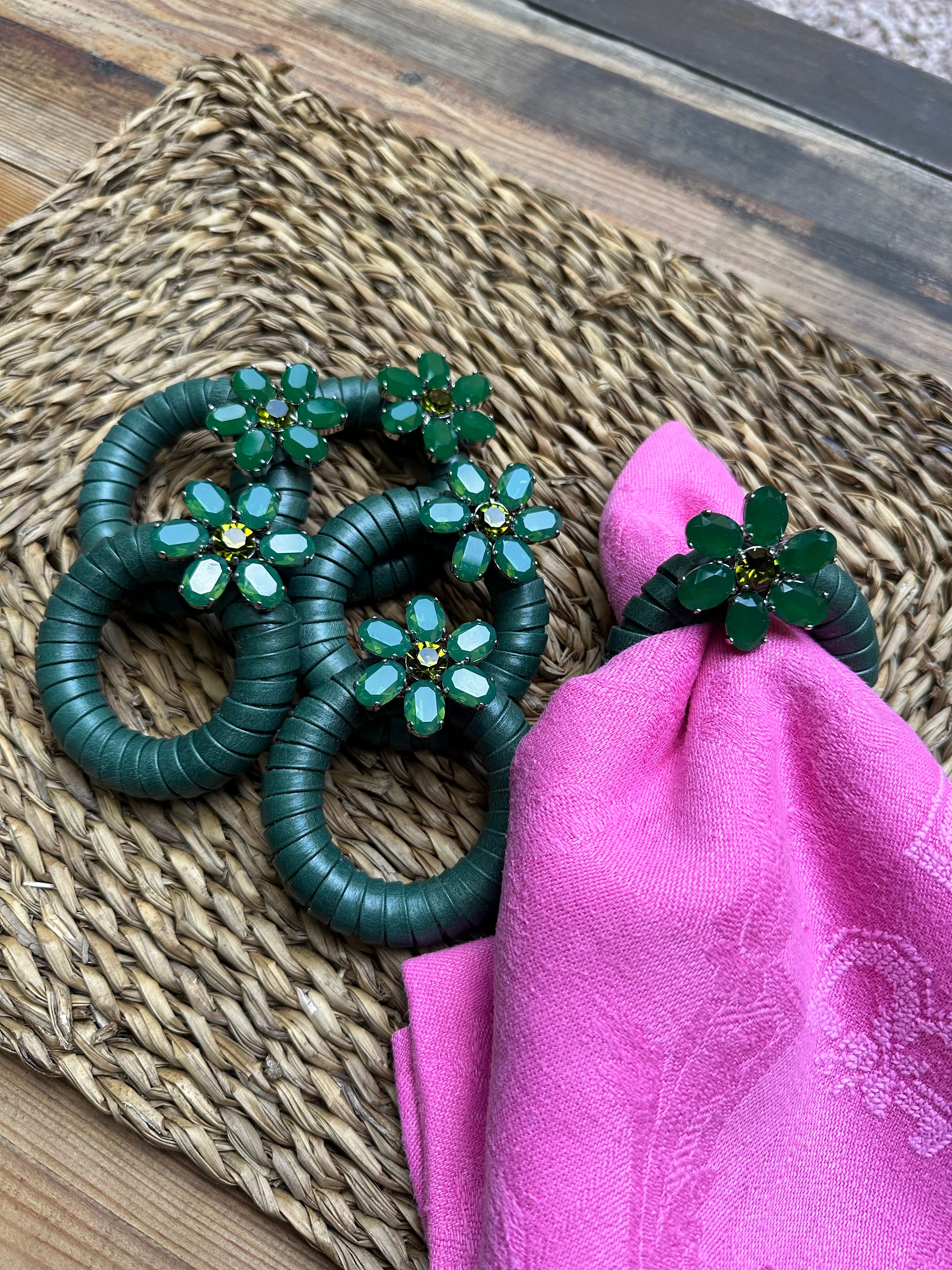 Servilletero Anilla Piel Verde con Flor (Pack de 2)