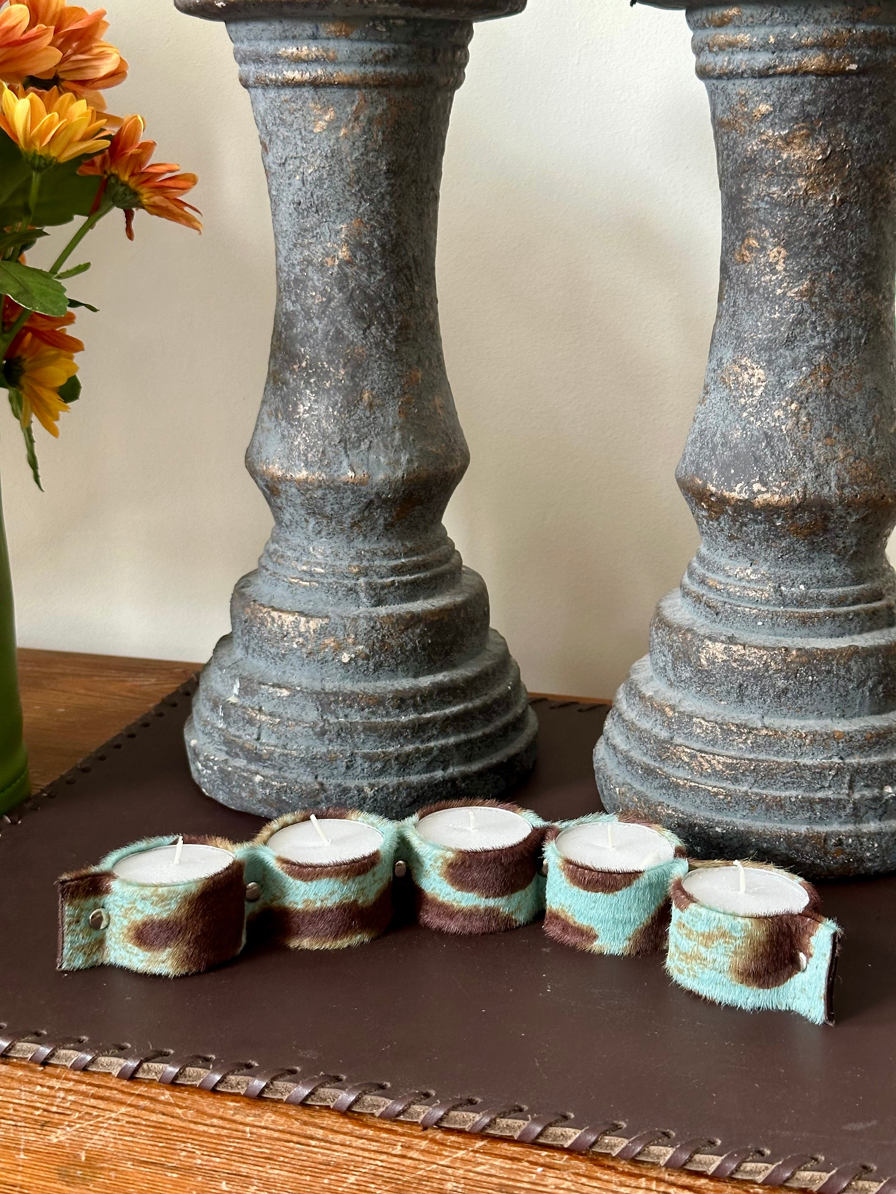 Porta Velas Piel Potro Print Azul