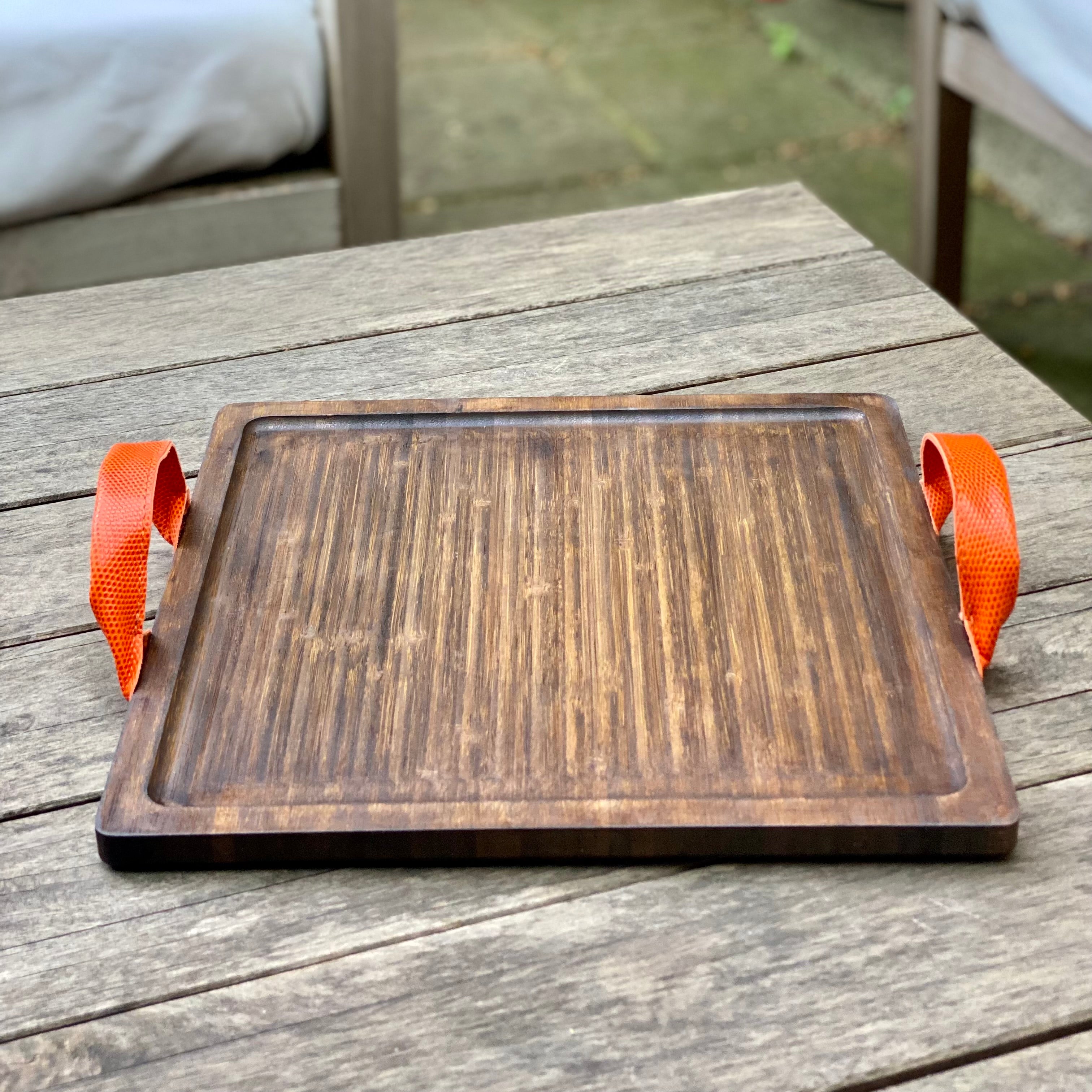 Bandeja Cuadrada Madera y Piel Naranja