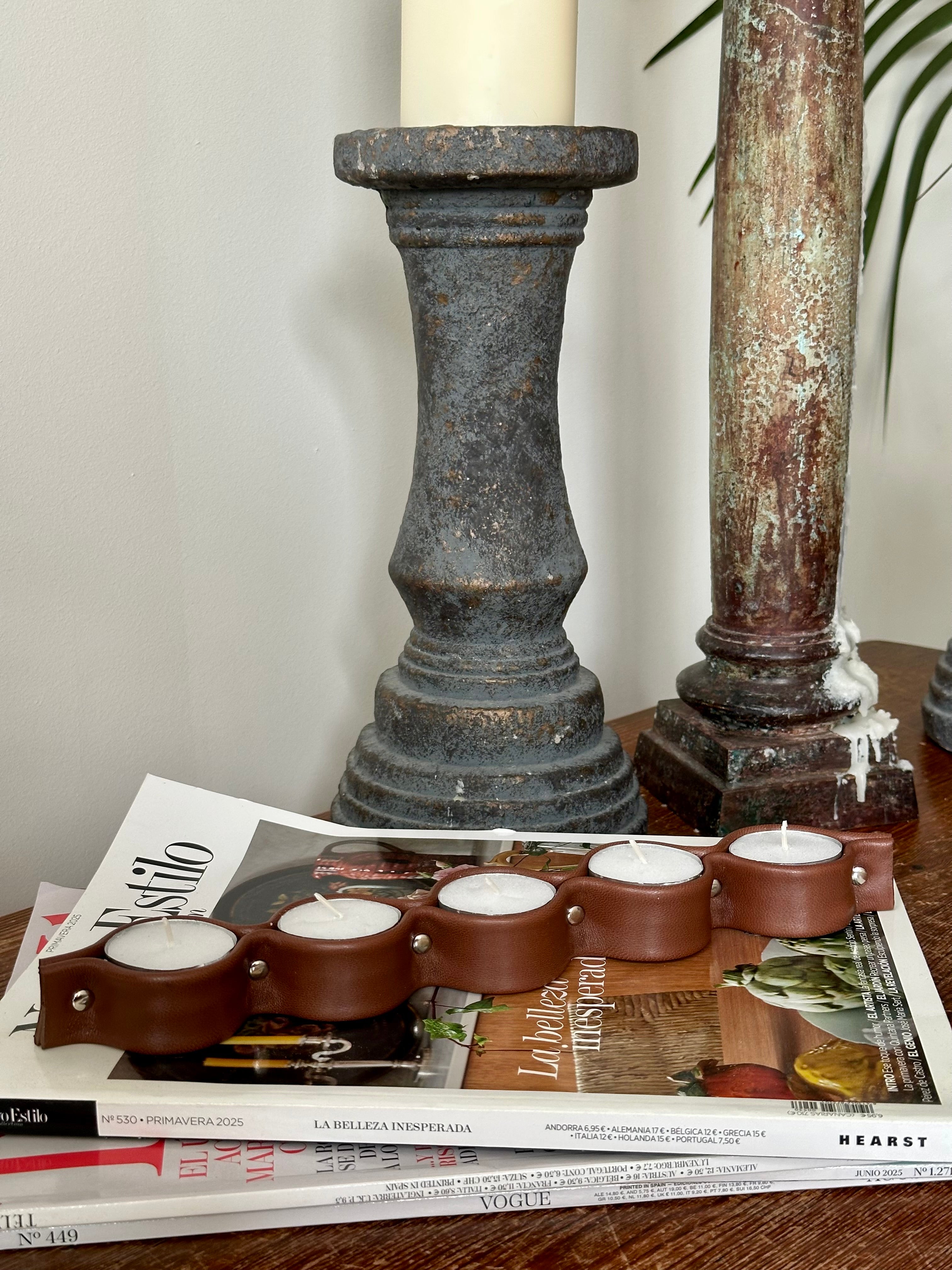 Porta Velas Piel Marrón