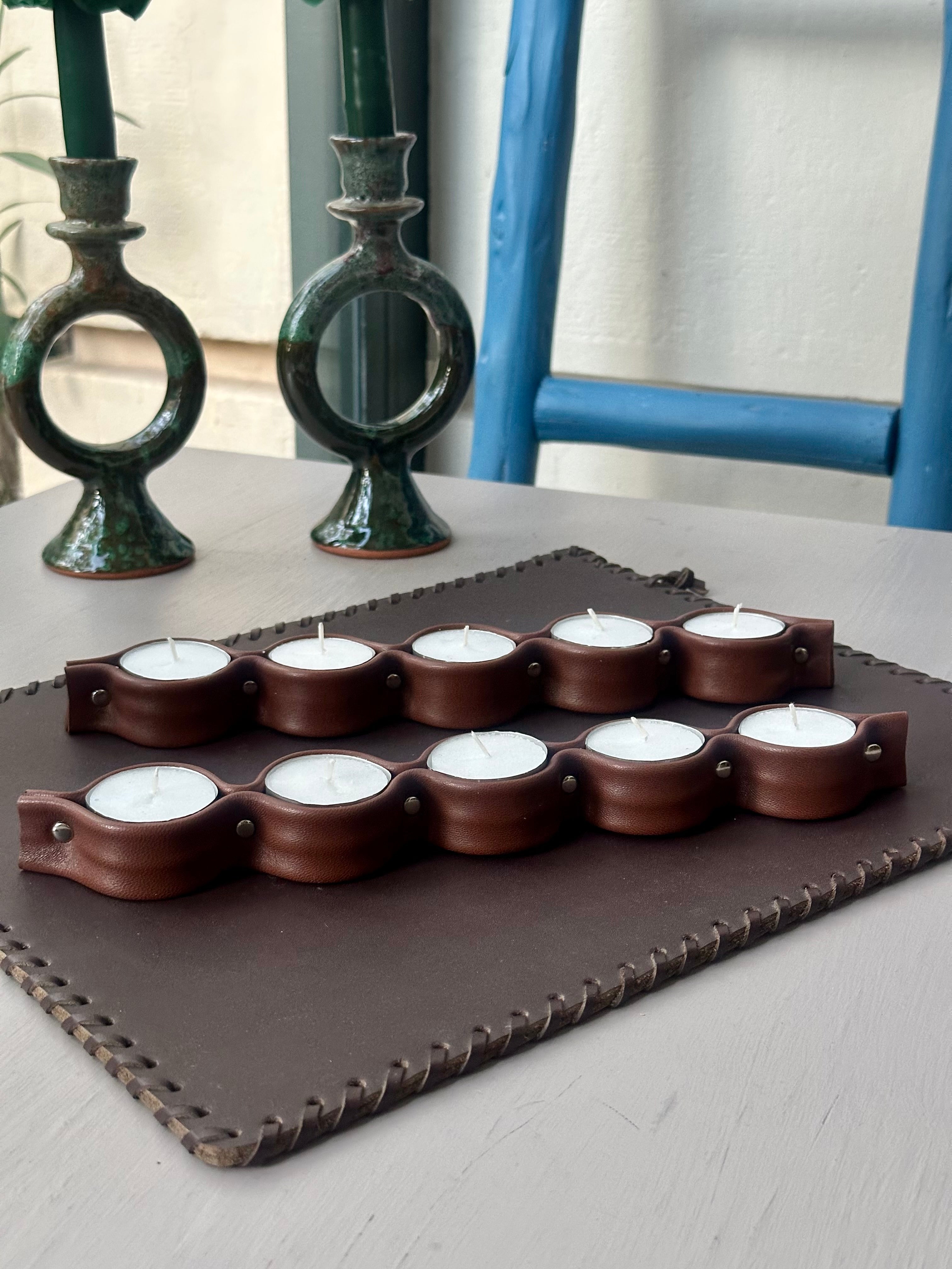 Porta Velas Piel Marrón