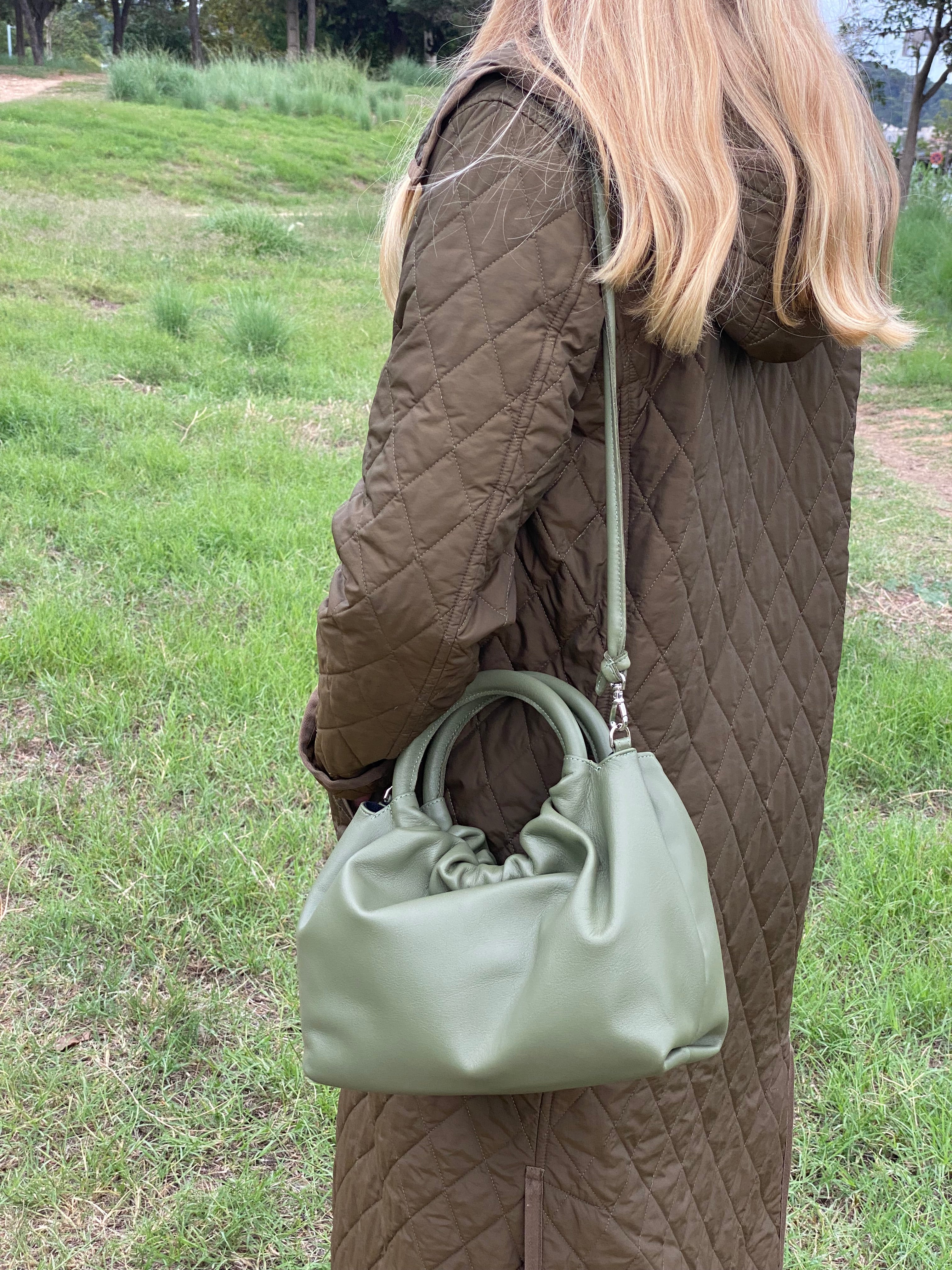 Bolso Fruncido Pequeño Piel Verde Oscuro