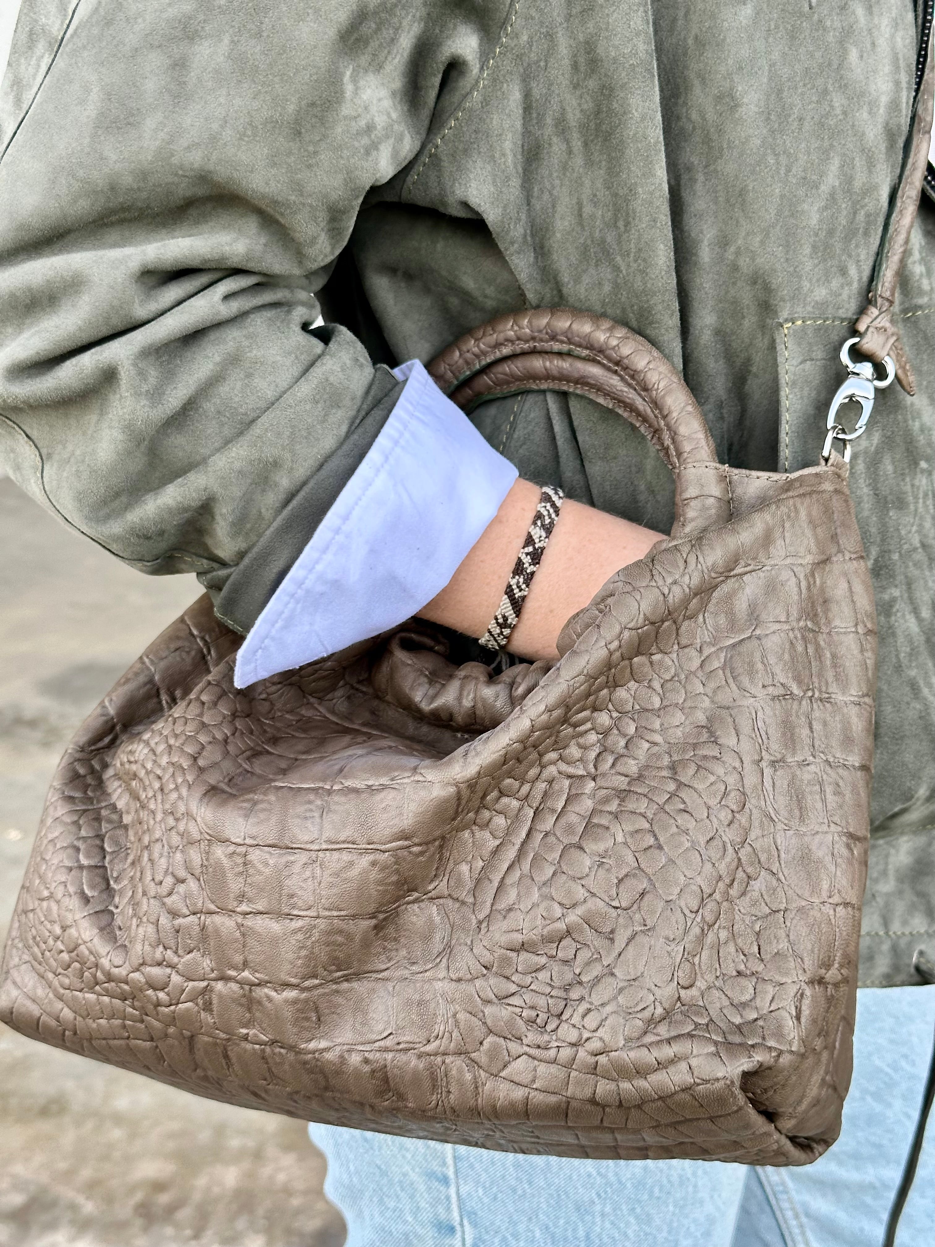 Bolso Fruncido Mediano Piel Coco Verde Caqui