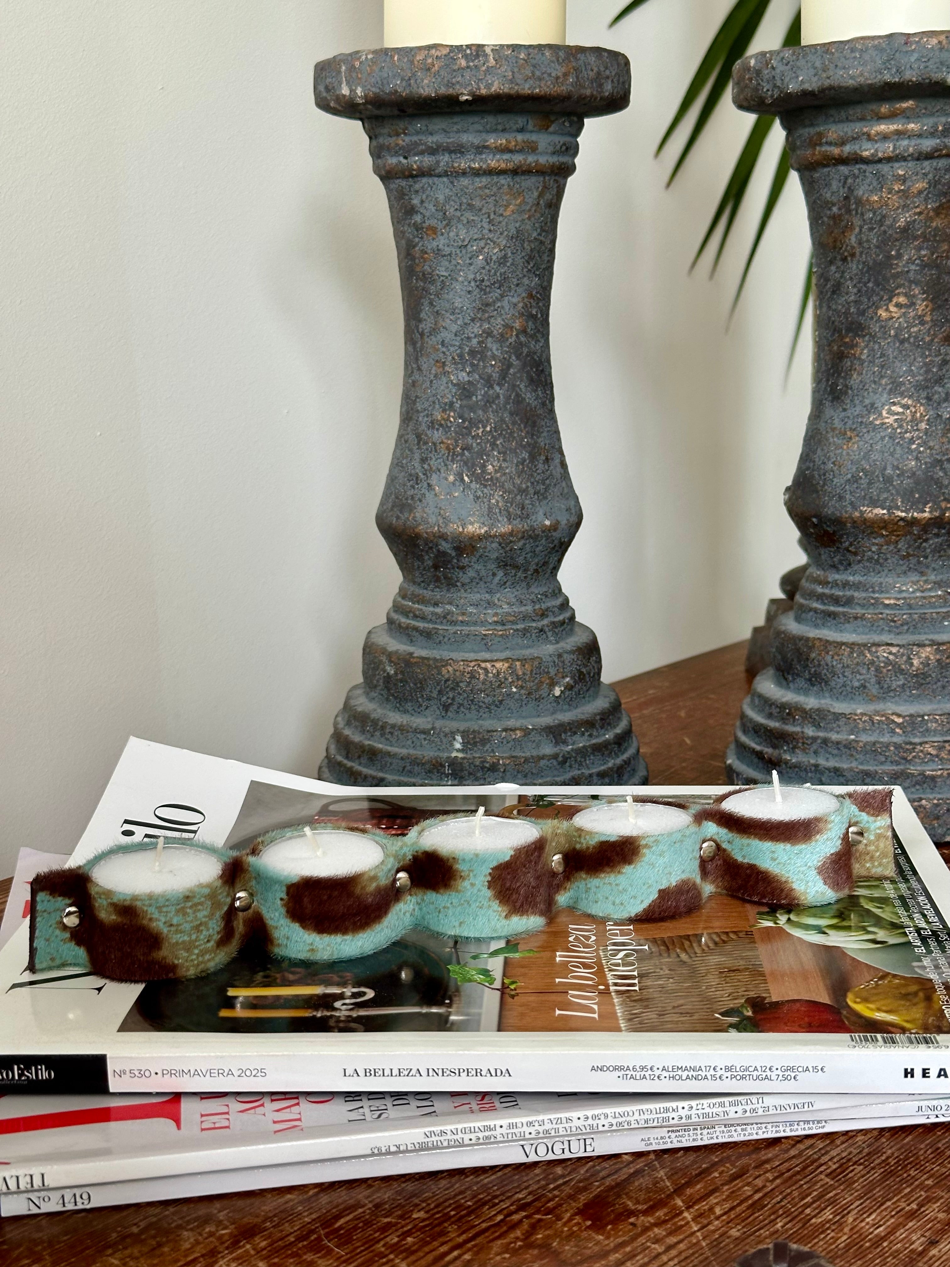 Porta Velas Piel Potro Print Azul