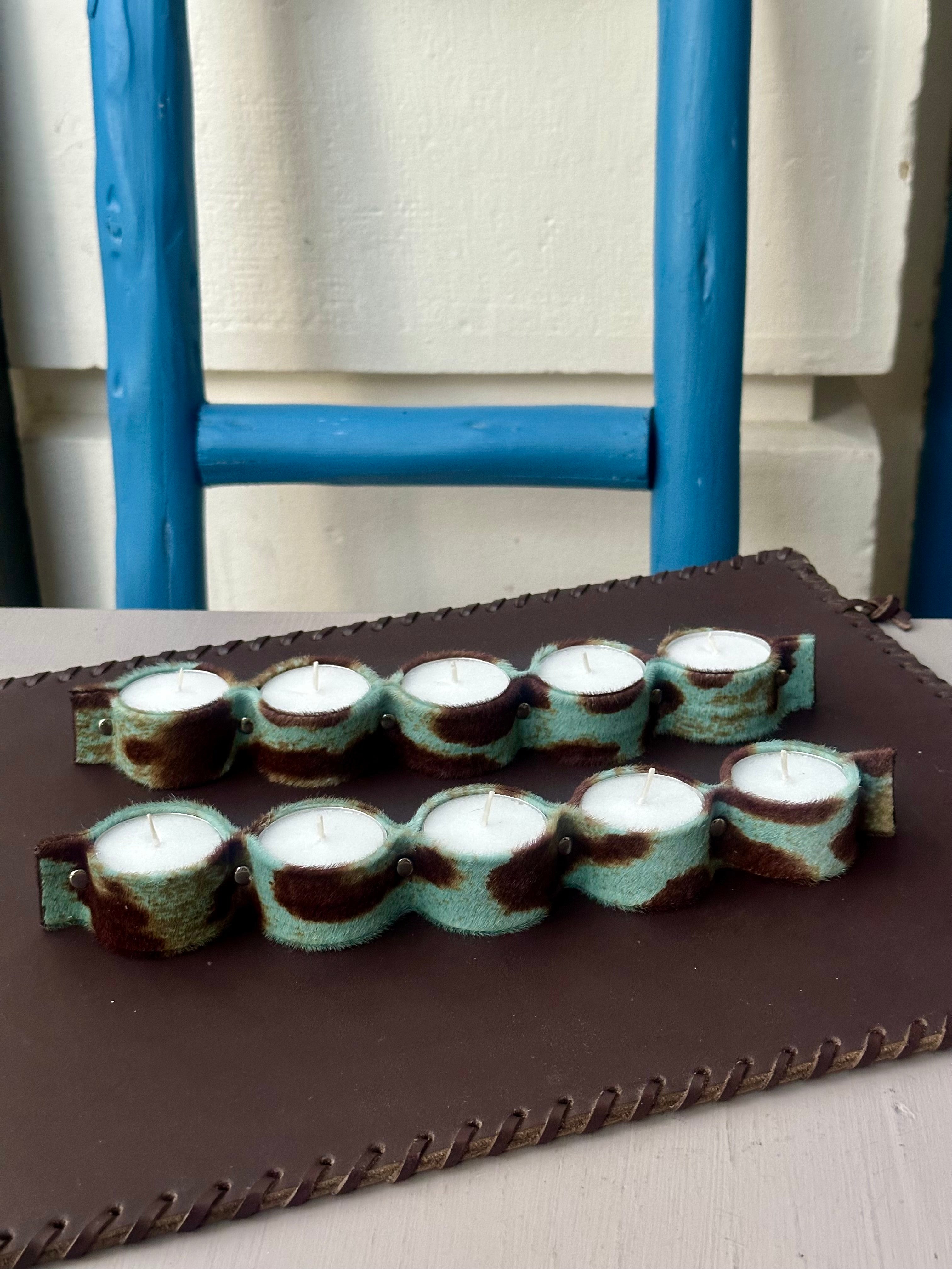 Porta Velas Piel Potro Print Azul