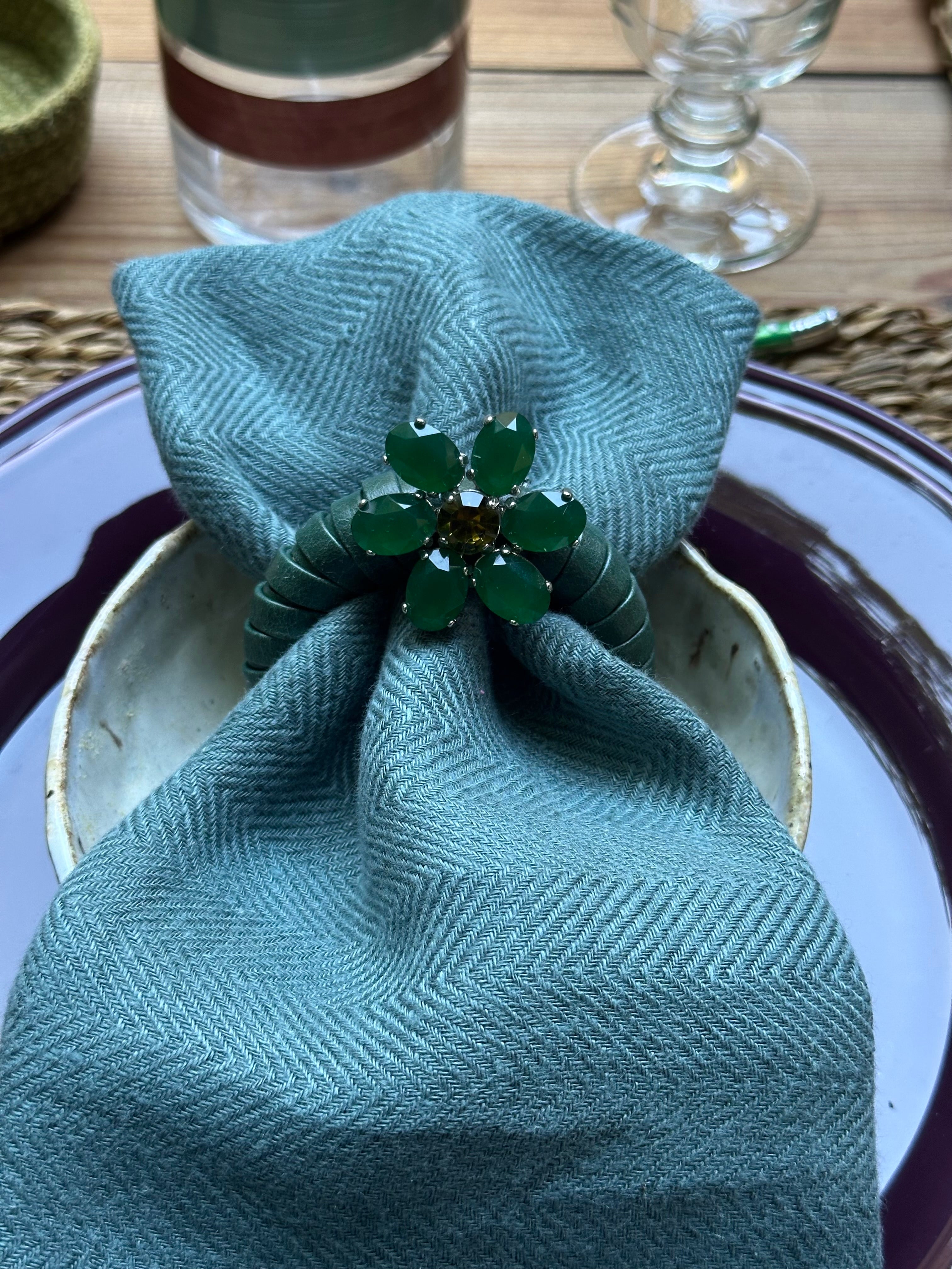 Servilletero Anilla Piel Verde con Flor (Pack de 2)