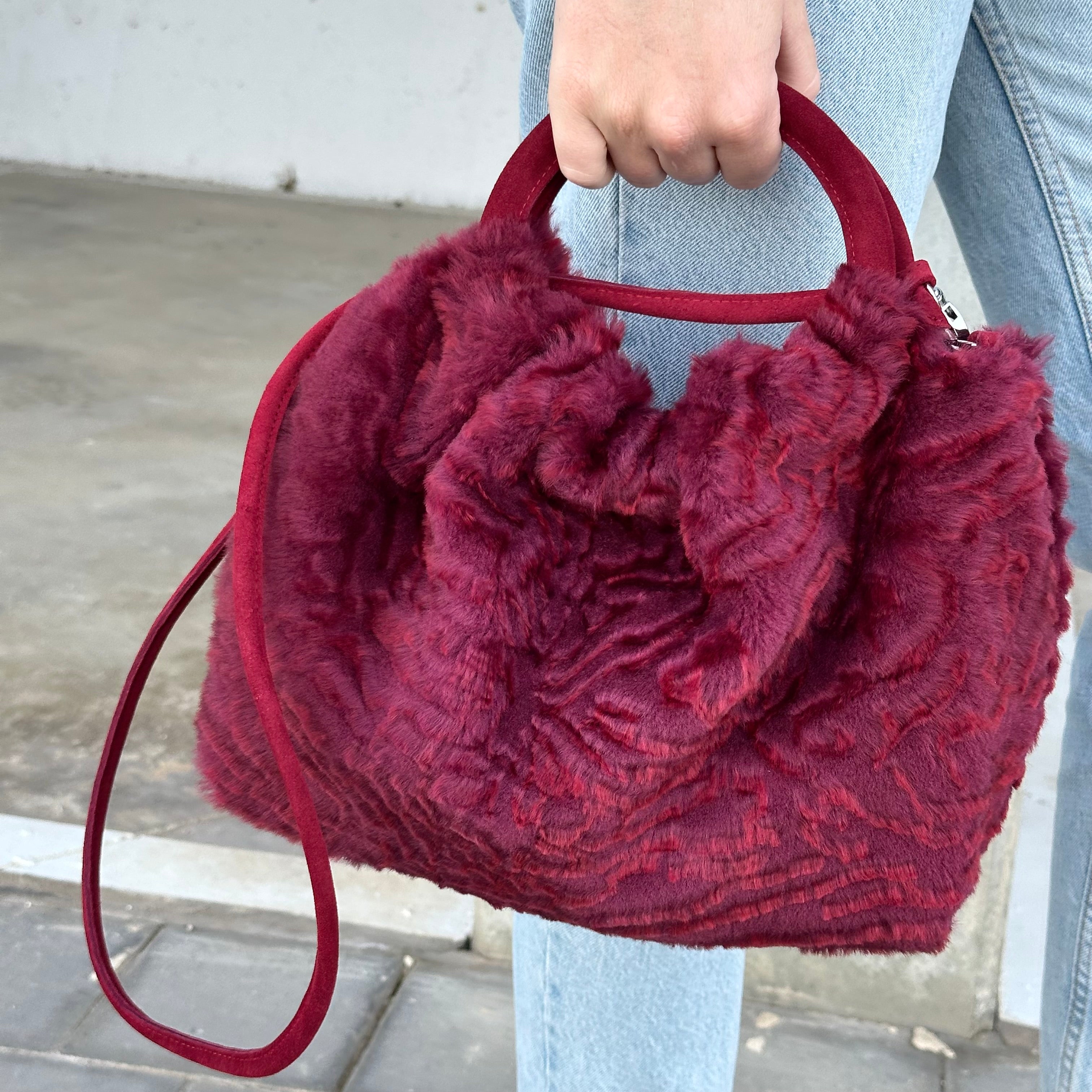 Bolso Fruncido Mediano Piel Cordero Burdeos