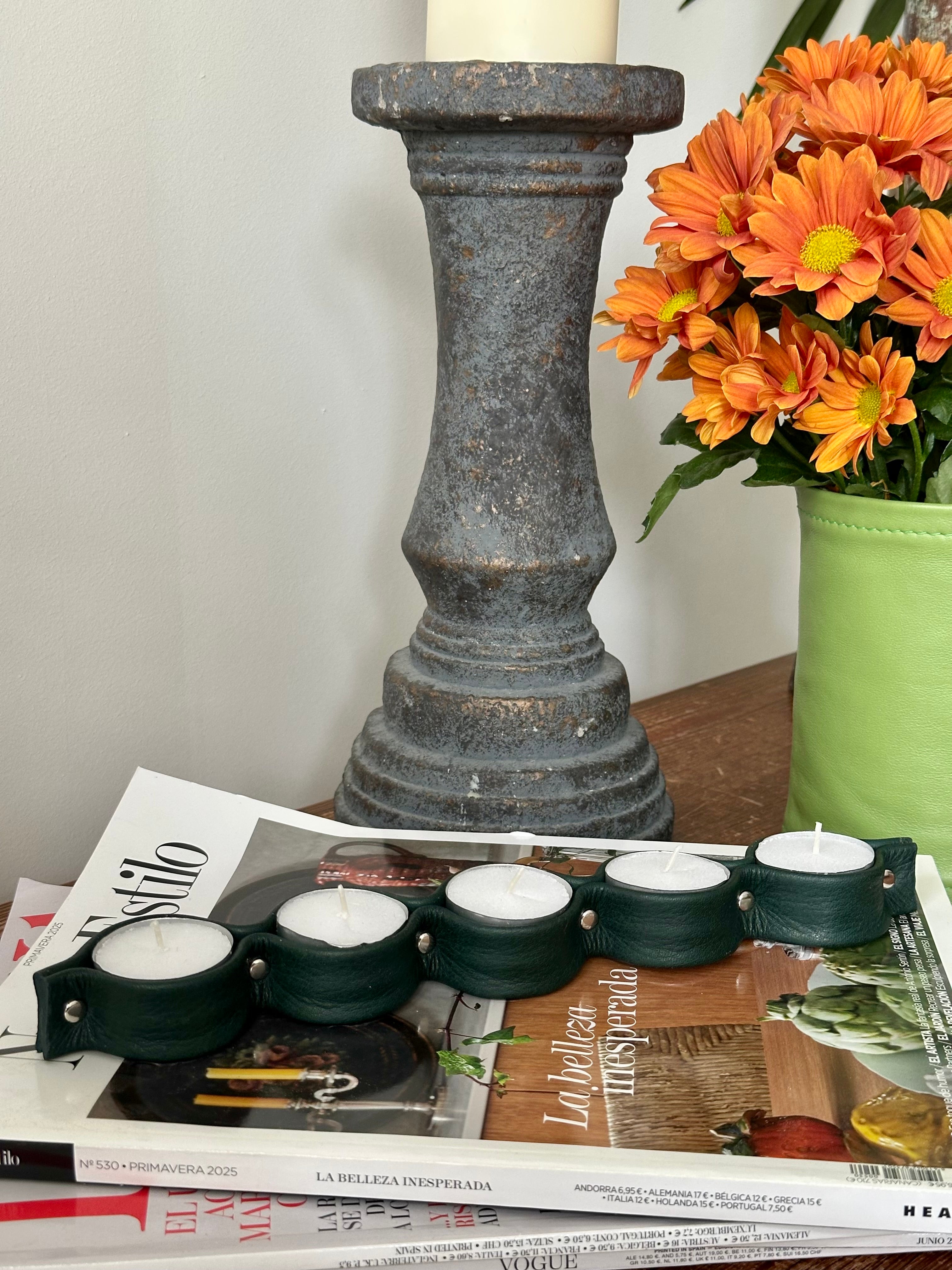 Porta Velas Piel Lisa Verde