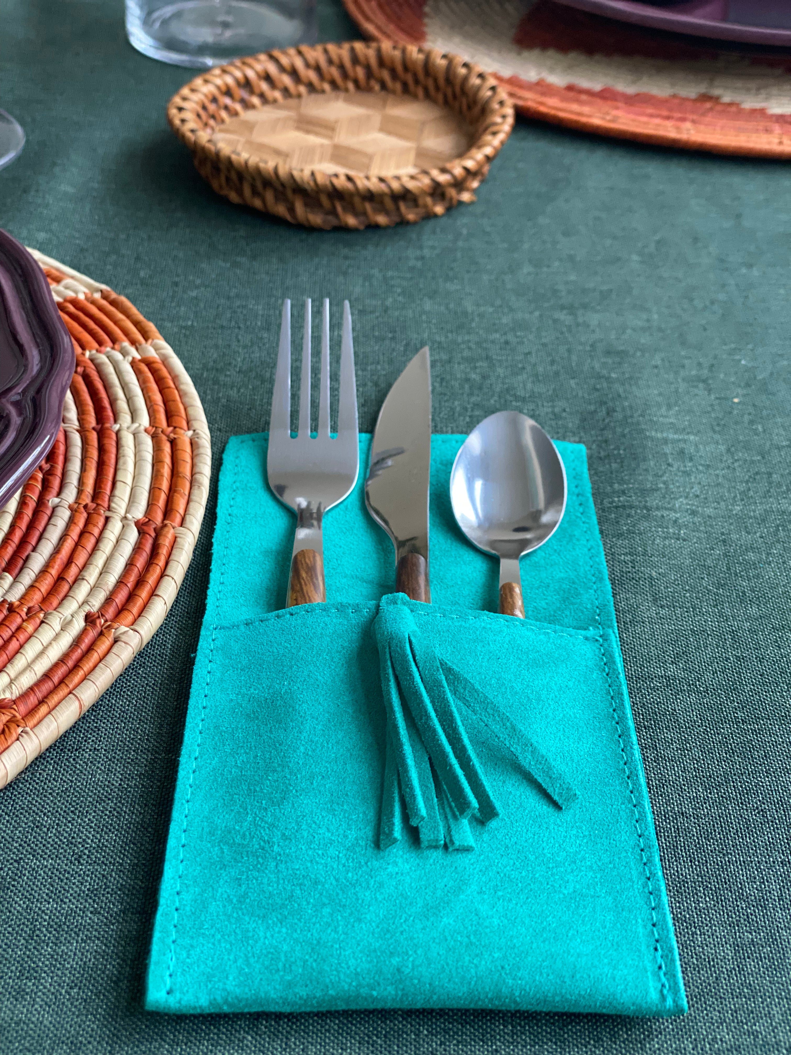 Funda para cubiertos serraje turquesa (Pack de 4)